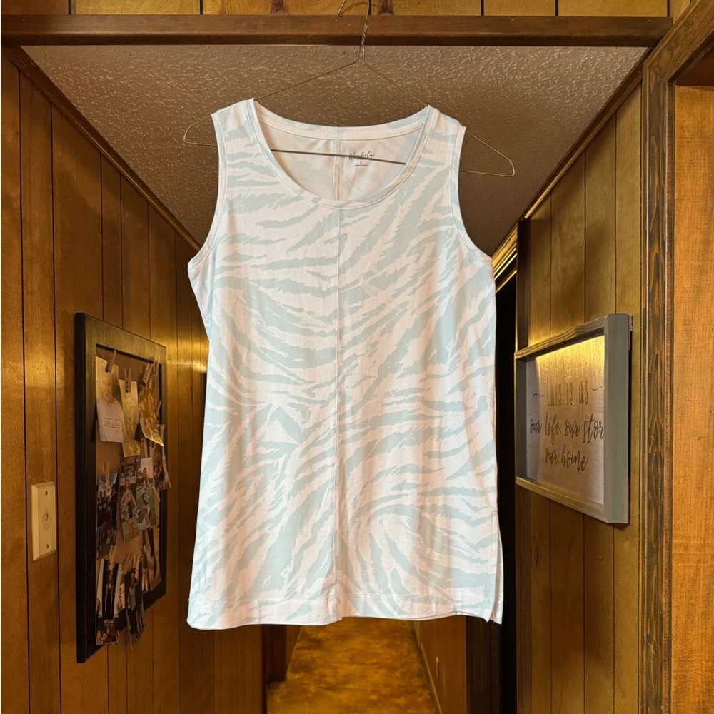 Wonderly Pale Blue & White Zebra-Pattern Tank, Worn Once!!!